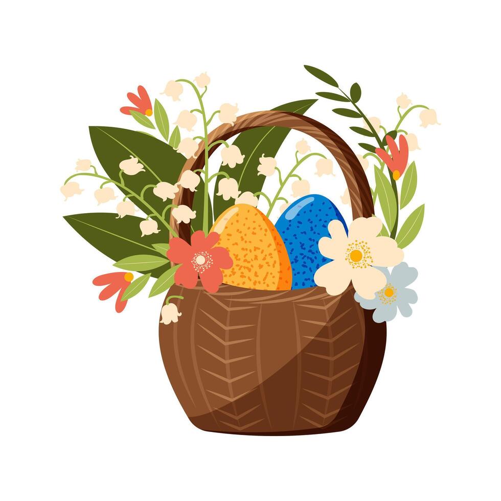 Happy Easter. Painted eggs in a basket with a bouquet of spring flowers on a white background. vector