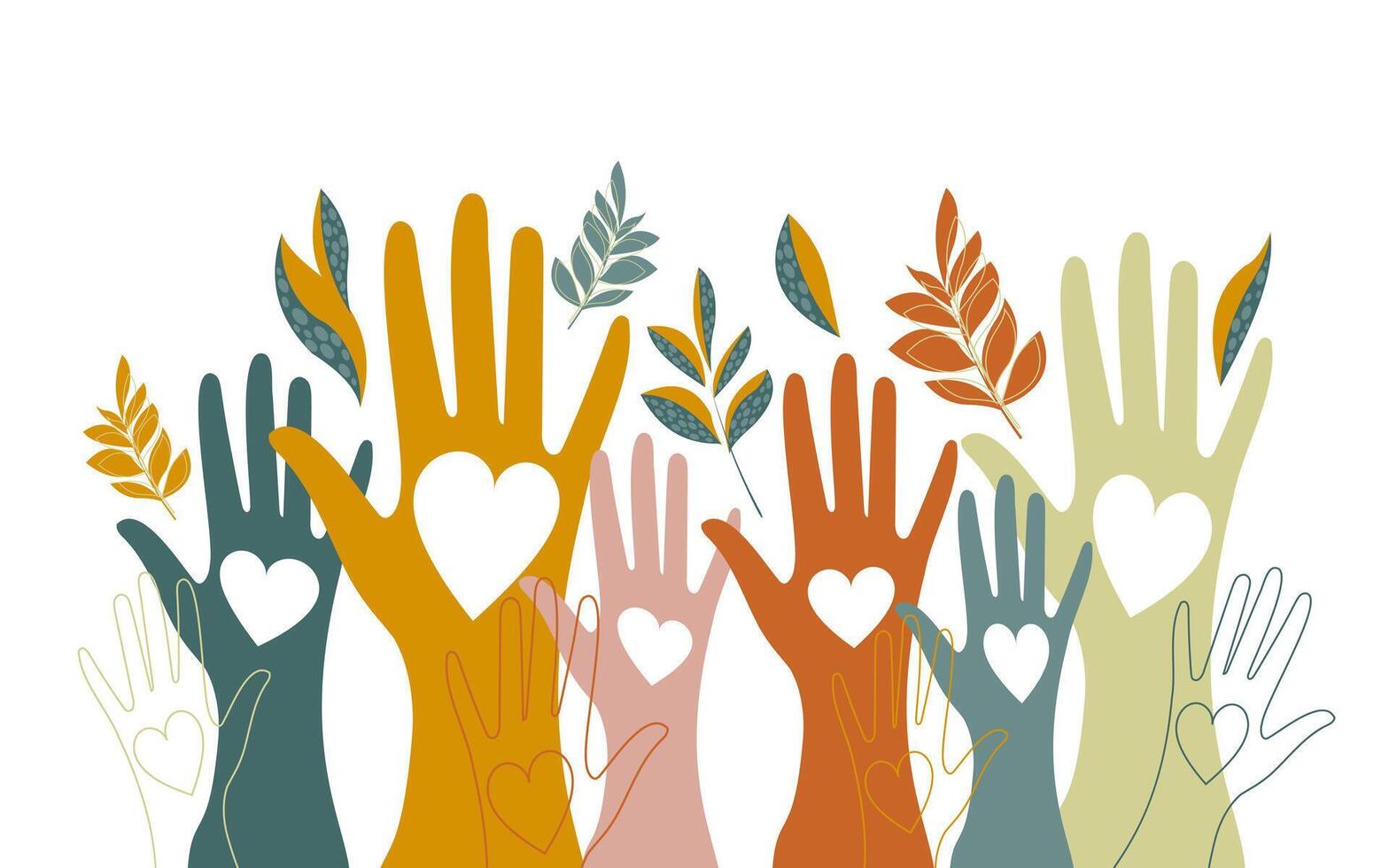 Volunteers, social workers, men and women hold hearts in their palms. Unity, cohesion of a multinational society. vector