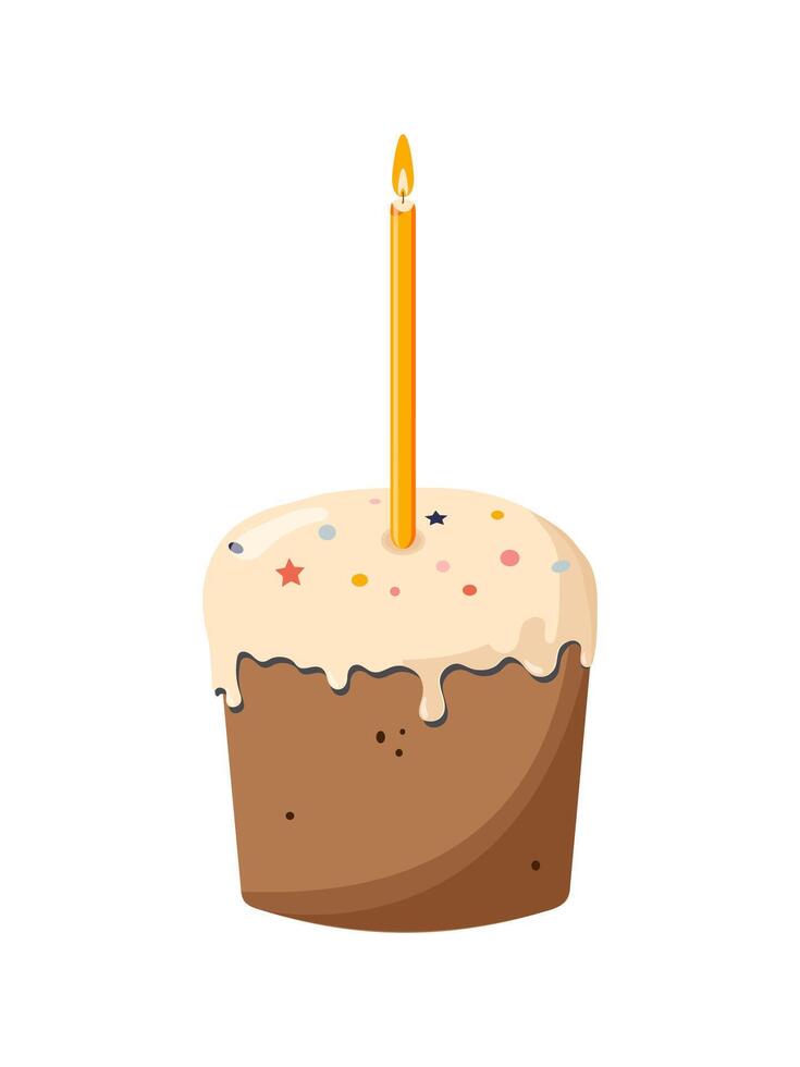 Easter cake with a burning candle on a white background for the Easter holiday. vector