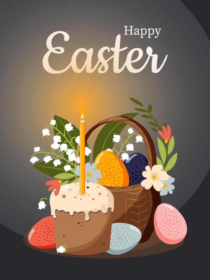 Happy Easter. Spring bouquet of flowers in a wicker basket with Easter colorful eggs and Easter cake with a burning candle. vector