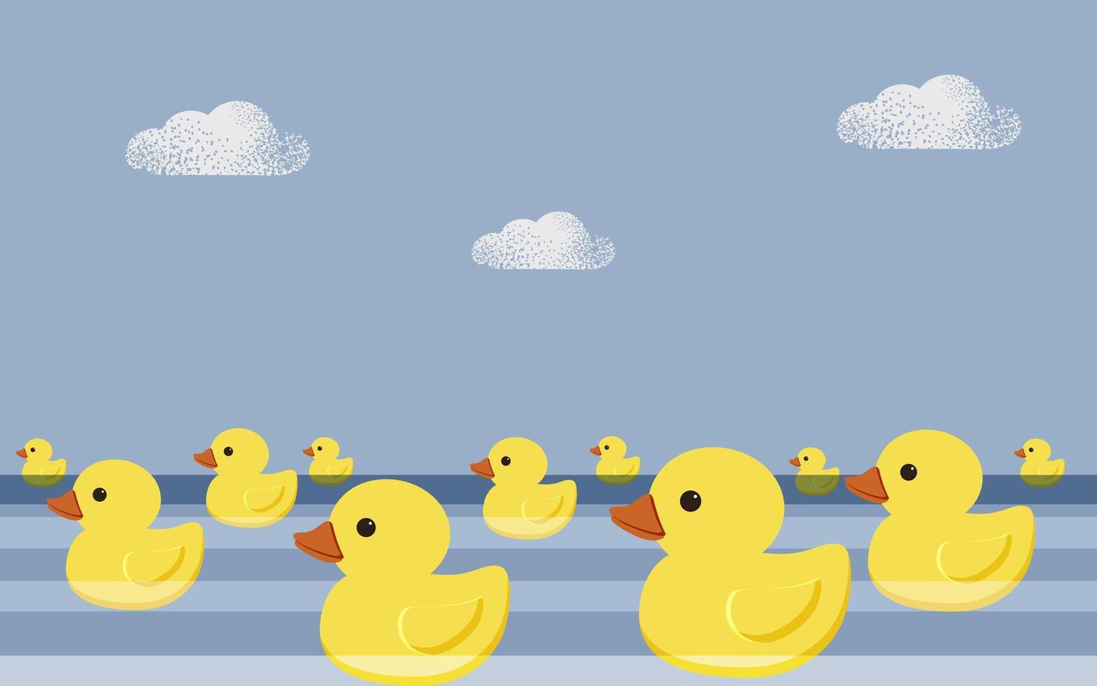 Holiday National Rubber Duck Day. Yellow cute ducklings swim on the sea waves. vector