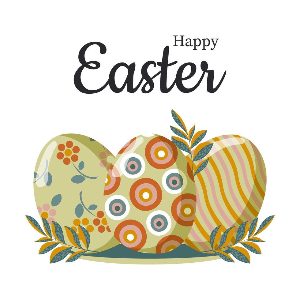 Happy Easter. Three Easter colored eggs with fancy leaves on branches. vector
