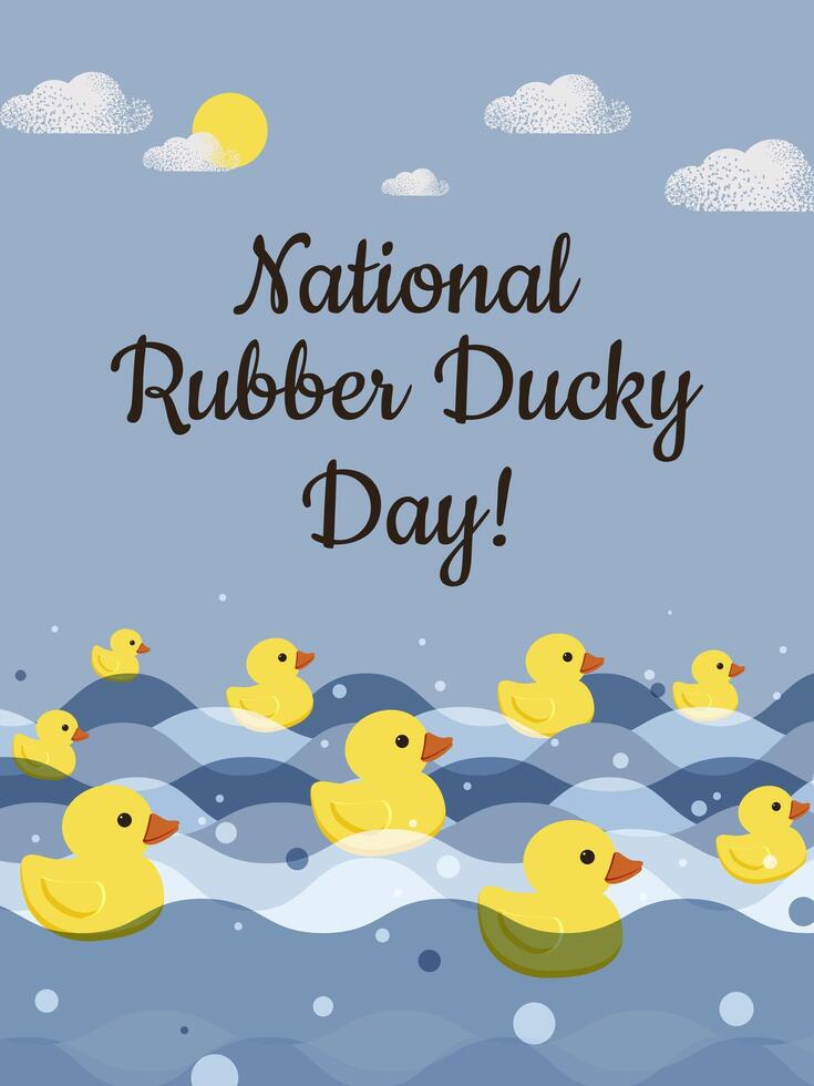 National Rubber Ducky Day. Yellow rubber ducklings swim on the sea waves or river under the clouds. vector