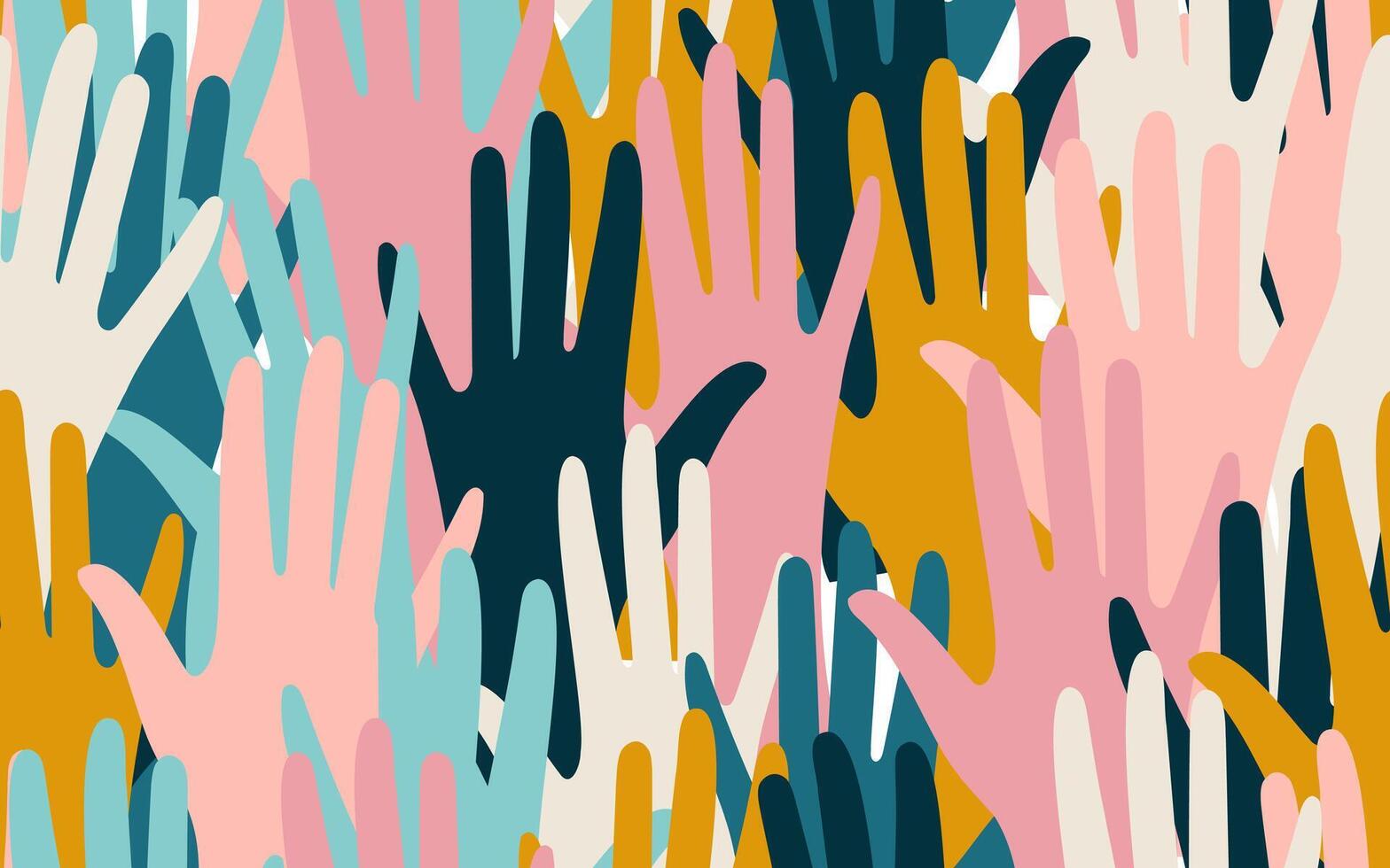 Parts of hands with palms of people of different nationalities form a horizontal seamless color pattern of support and unity. vector