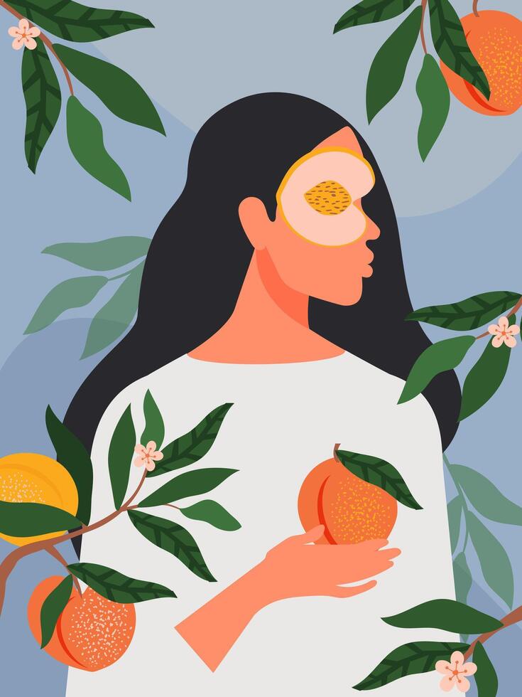 A brunette woman in a peach garden holds a ripe fruit in her hand. vector