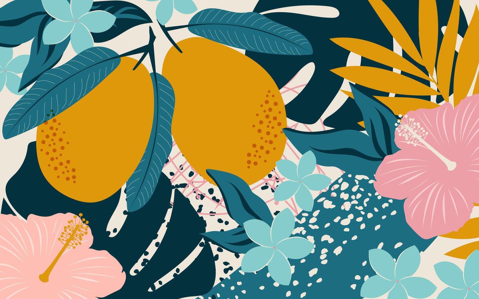 Modern mango flower collage. Exotic tropical leaves with fruits create a horizontal poster for interior design. vector
