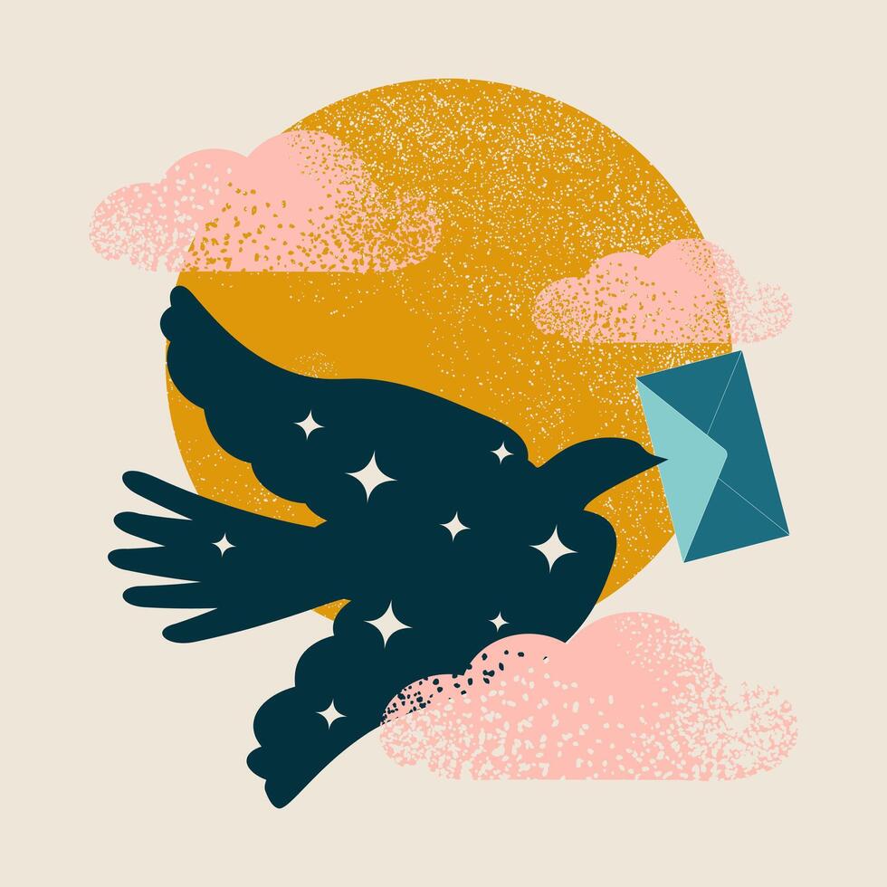 Concepts for the development of communications. A carrier pigeon with an envelope in its beak flies against a background of clouds with the sun, isolated on a light gray background. vector