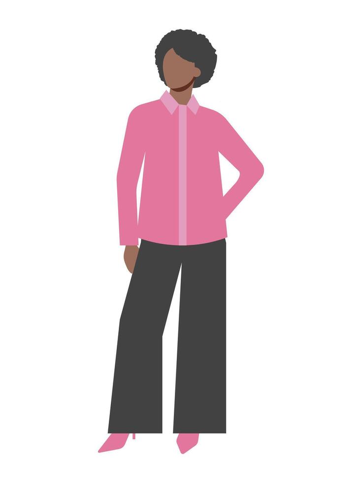 Fashionable woman in a pink blouse and black wide trousers on a white background vector