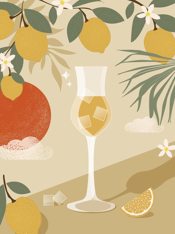 Lemon liqueur in a glass against the backdrop of the setting sun with lemons on the branches. Beach summer vibe with limoncello. vector