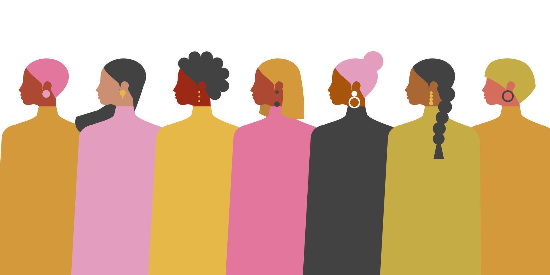 A crowd of beautiful women of different nationalities together on a white background with copy space. vector