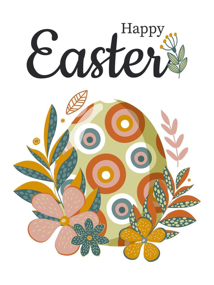 Happy Easter. One Easter painted egg with fancy flowers and leaves on the branches for the spring holiday. vector