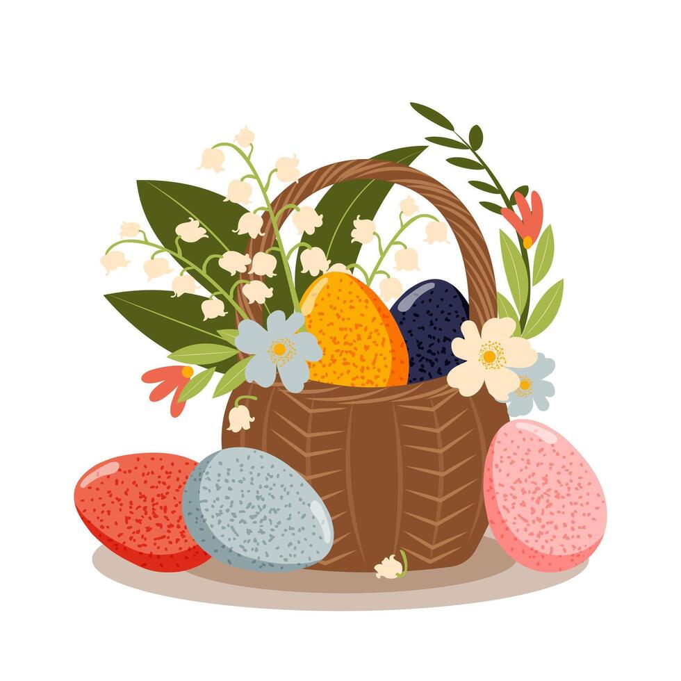 Happy Easter. Spring bouquet of flowers in a wicker basket with Easter colorful eggs isolated on a white background for postcards. vector