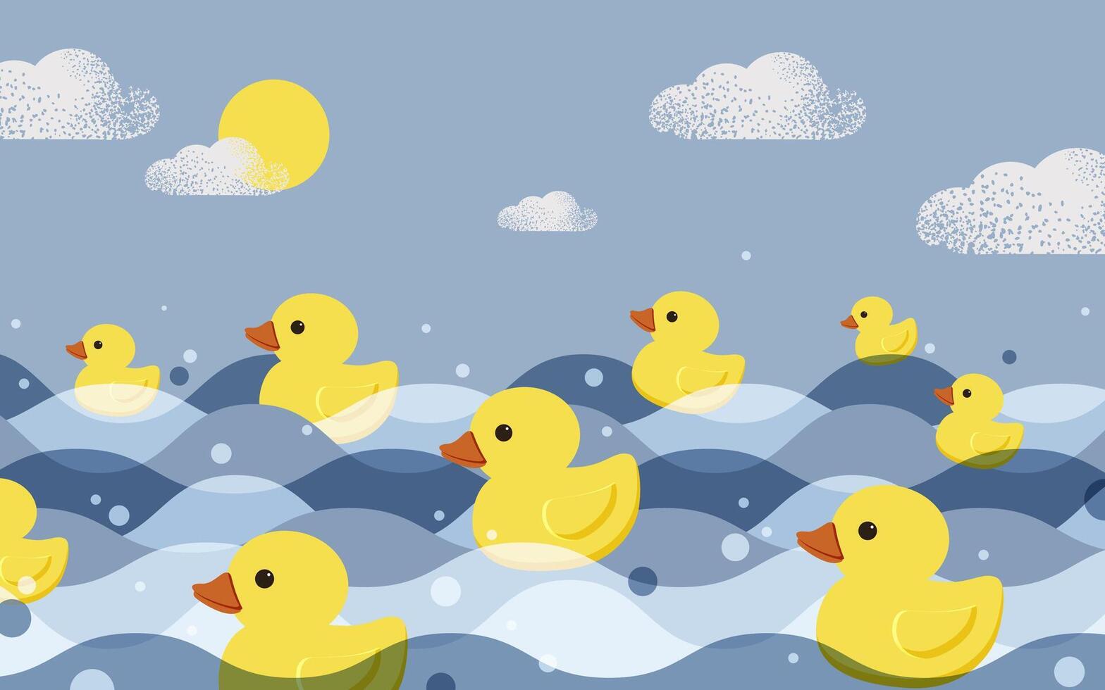 Yellow rubber ducklings swim on the sea waves or river. Holiday National Rubber Duck Day. vector