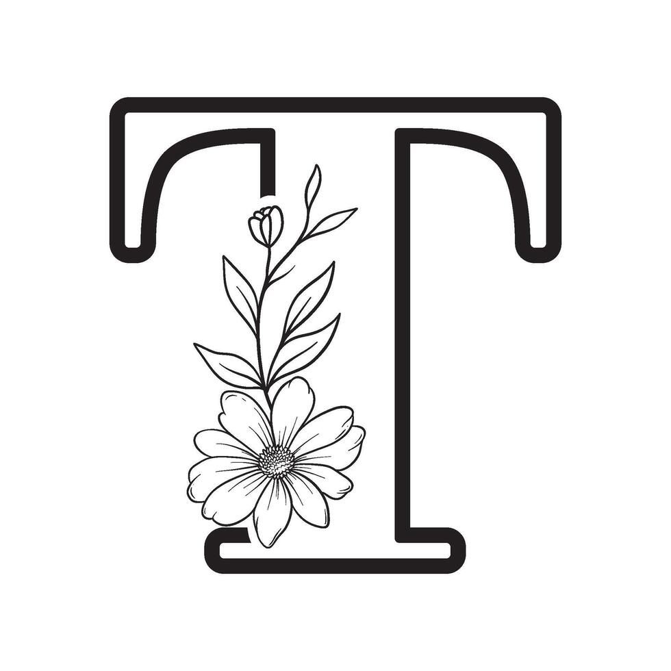 alphabet letter T with wildflower outline vector