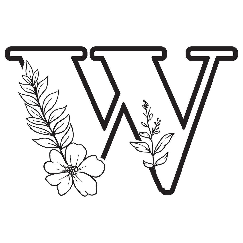 alphabet letter W with wildflower outline vector