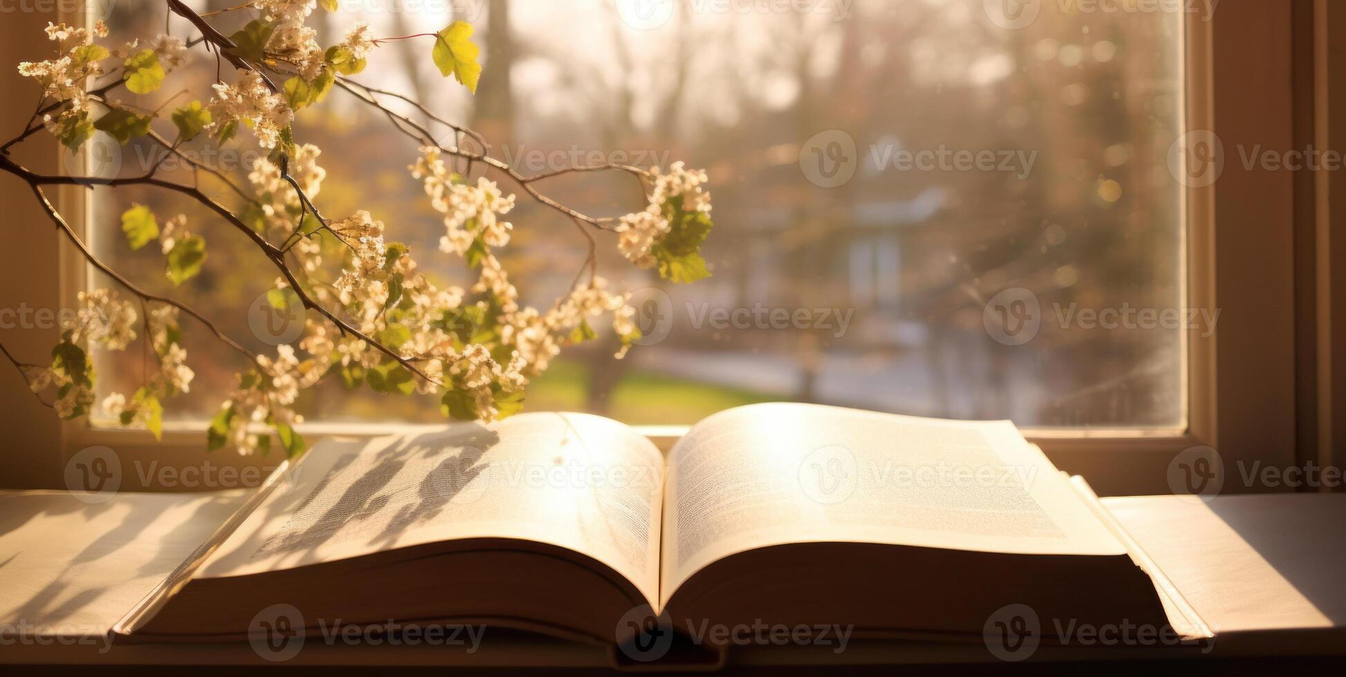 Open Book By Window With Spring Morning Light. Reading Literature In Sunlight With View Of Spring Blossoms. photo