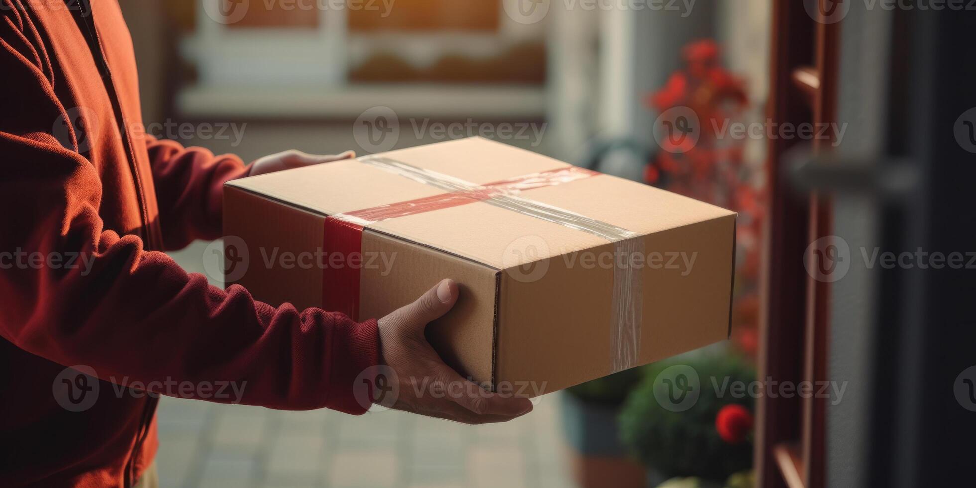 Close-Up Of Cardboard Box In Courier Hand. Fast Delivery Service To Door. photo