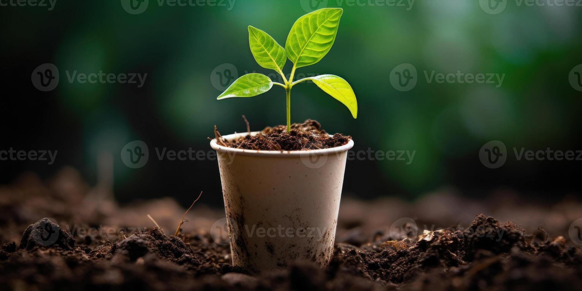 Plant Seedling Growing Strong In Sustainable Biodegradable Cup. Young Plant In Eco-Friendly Cup. photo