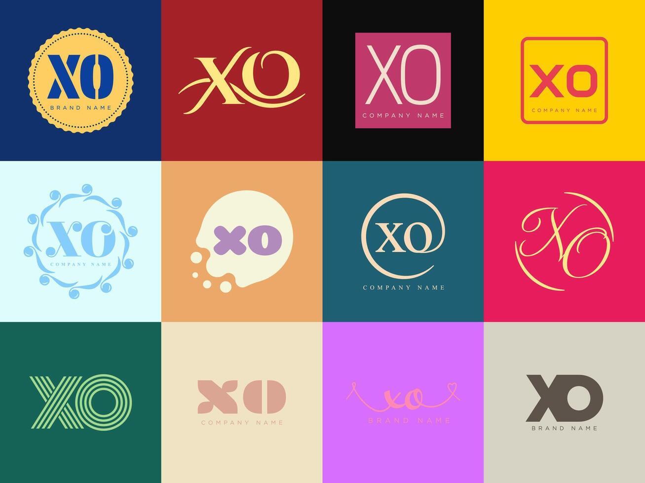 XO logo company template. Letter x and o logotype. Set different classic serif lettering and modern bold text with design elements. Initial font typography. vector