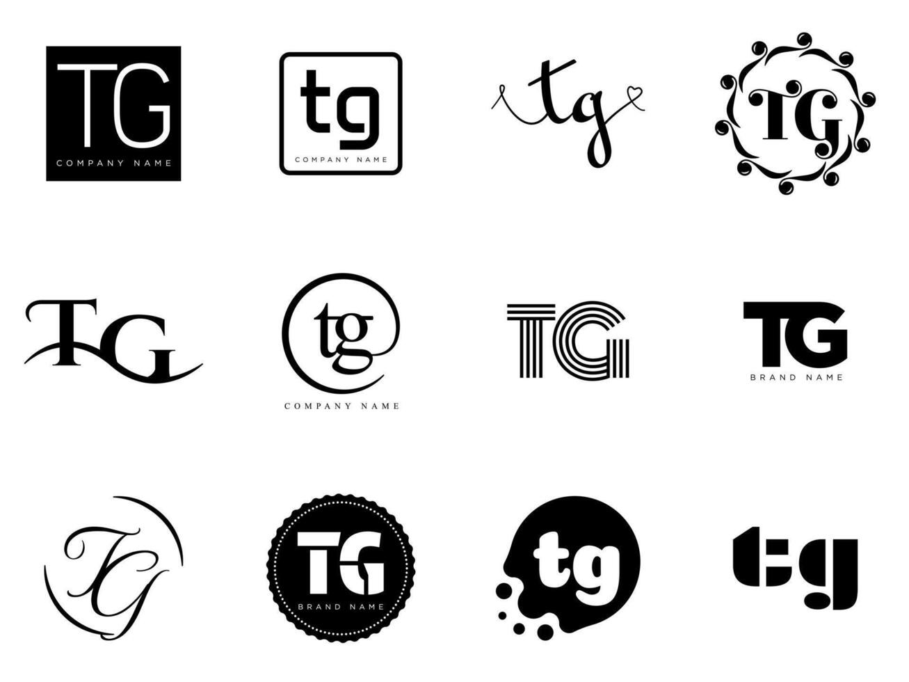 TG logo company template. Letter t and g logotype. Set different classic serif lettering and modern bold text with design elements. Initial font typography. vector
