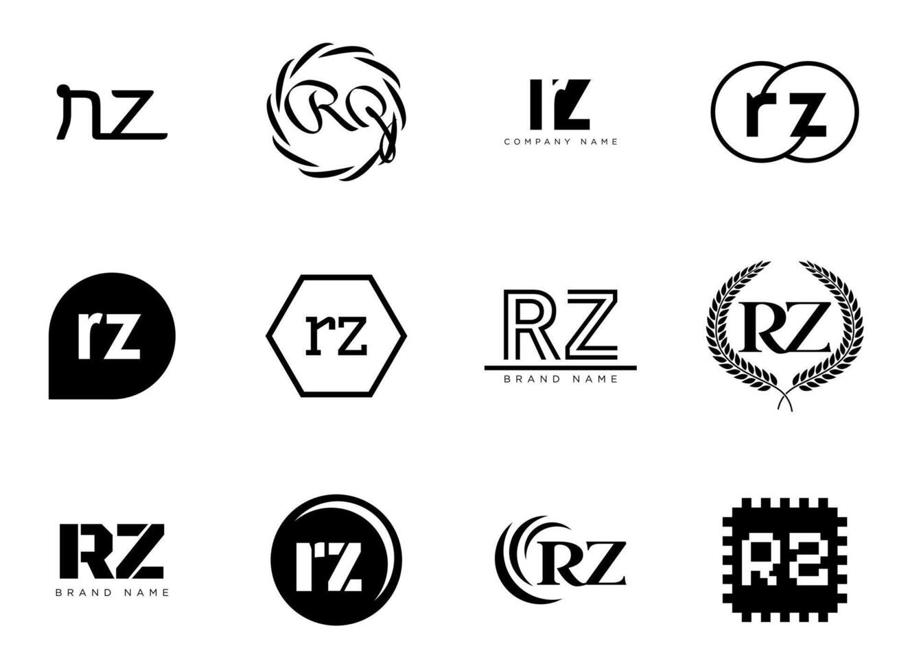 RZ logo company template. Letter r and z logotype. Set different classic serif lettering and modern bold text with design elements. Initial font typography. vector