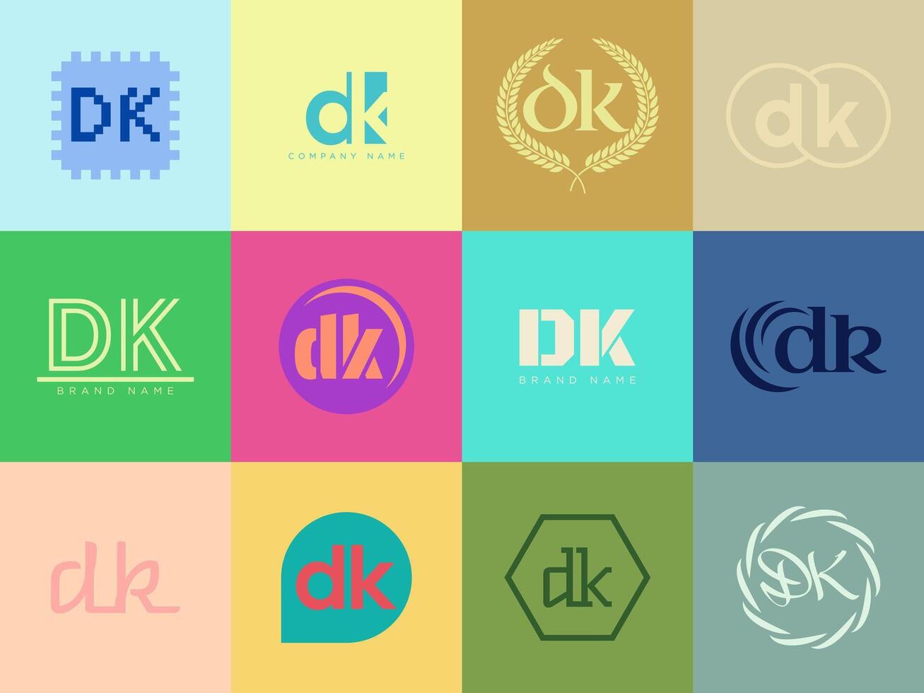 DK logo company template. Letter d and k logotype. Set different classic serif lettering and modern bold text with design elements. Initial font typography. vector