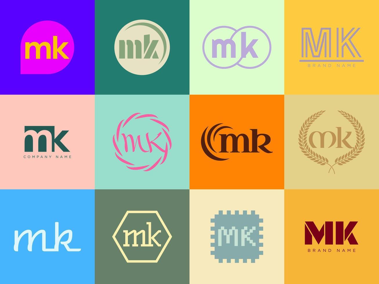 MK logo company template. Letter m and k logotype. Set different classic serif lettering and modern bold text with design elements. Initial font typography. vector