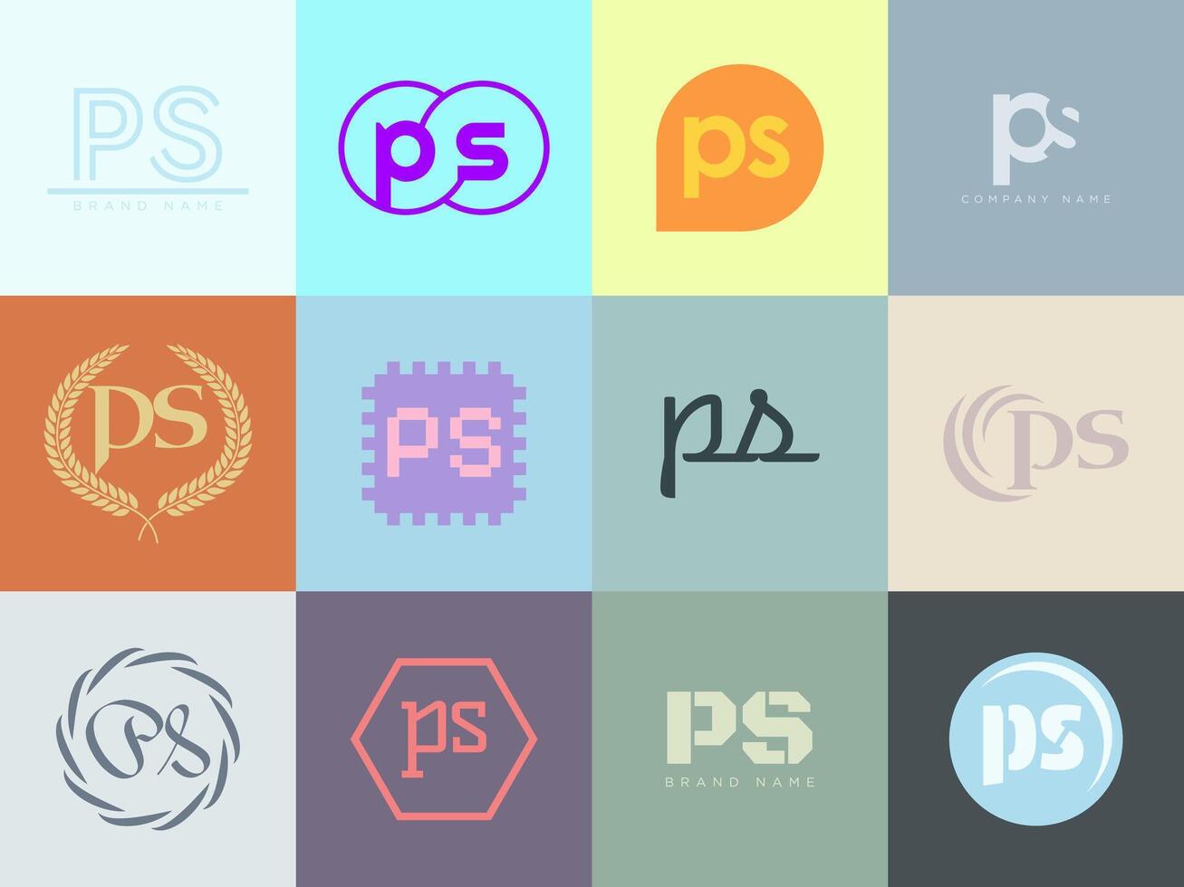 PS logo company template. Letter p and s logotype. Set different classic serif lettering and modern bold text with design elements. Initial font typography. vector