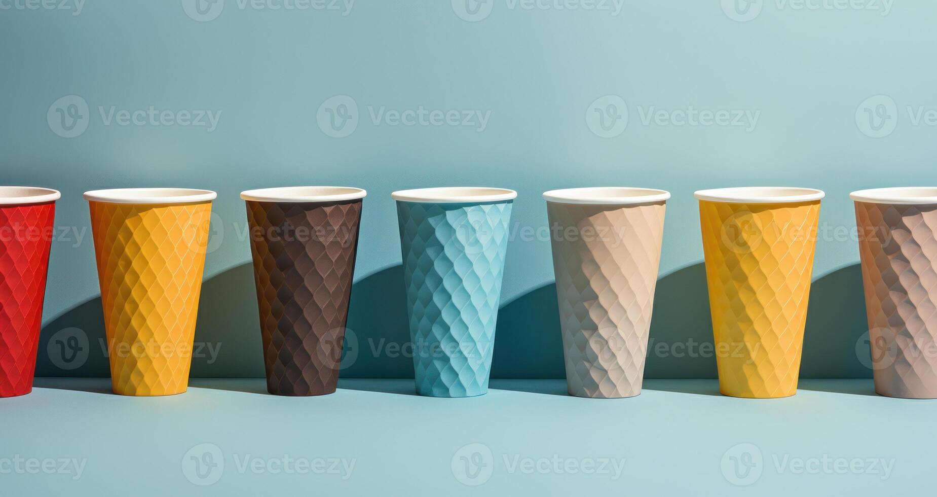Array of Textured Colorful Paper Cups. Patterned Disposable Cups in Row. Beverage Container. photo