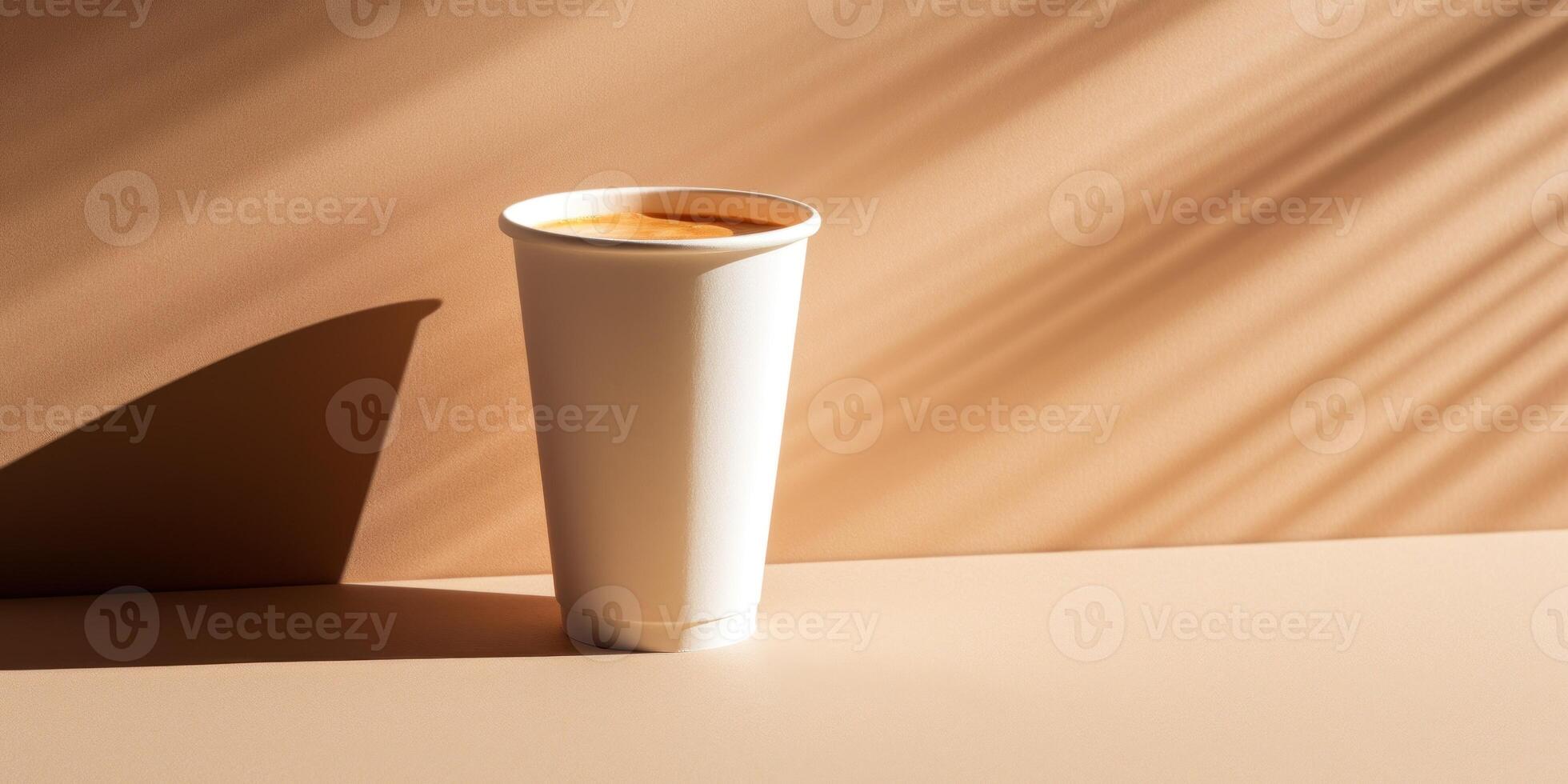 Minimalist Coffee Cup on Textured Beige Surface. Cappuccino in Disposable Paper To Go Coffee Cup in Sunlight. photo