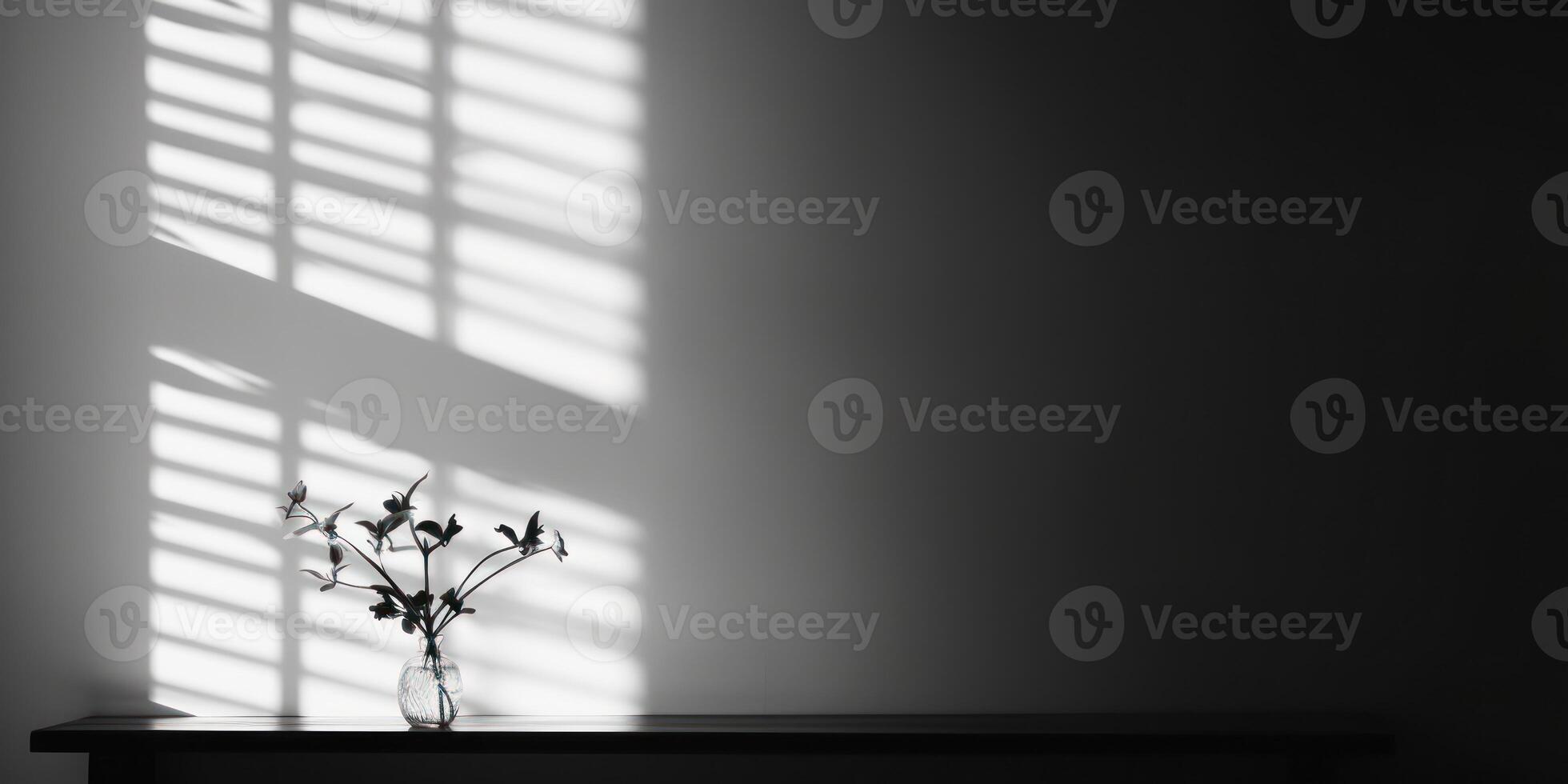 Vase With Flowers Against Striped Shadow Patterns. Floral Composition In Black And White. photo