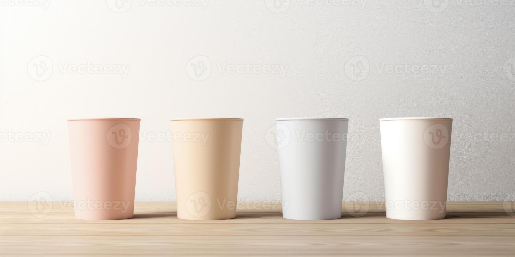 Four Paper Coffee Cups In Pastel Color Arranged On Wooden Table. Biodegradable Cup Collection. photo