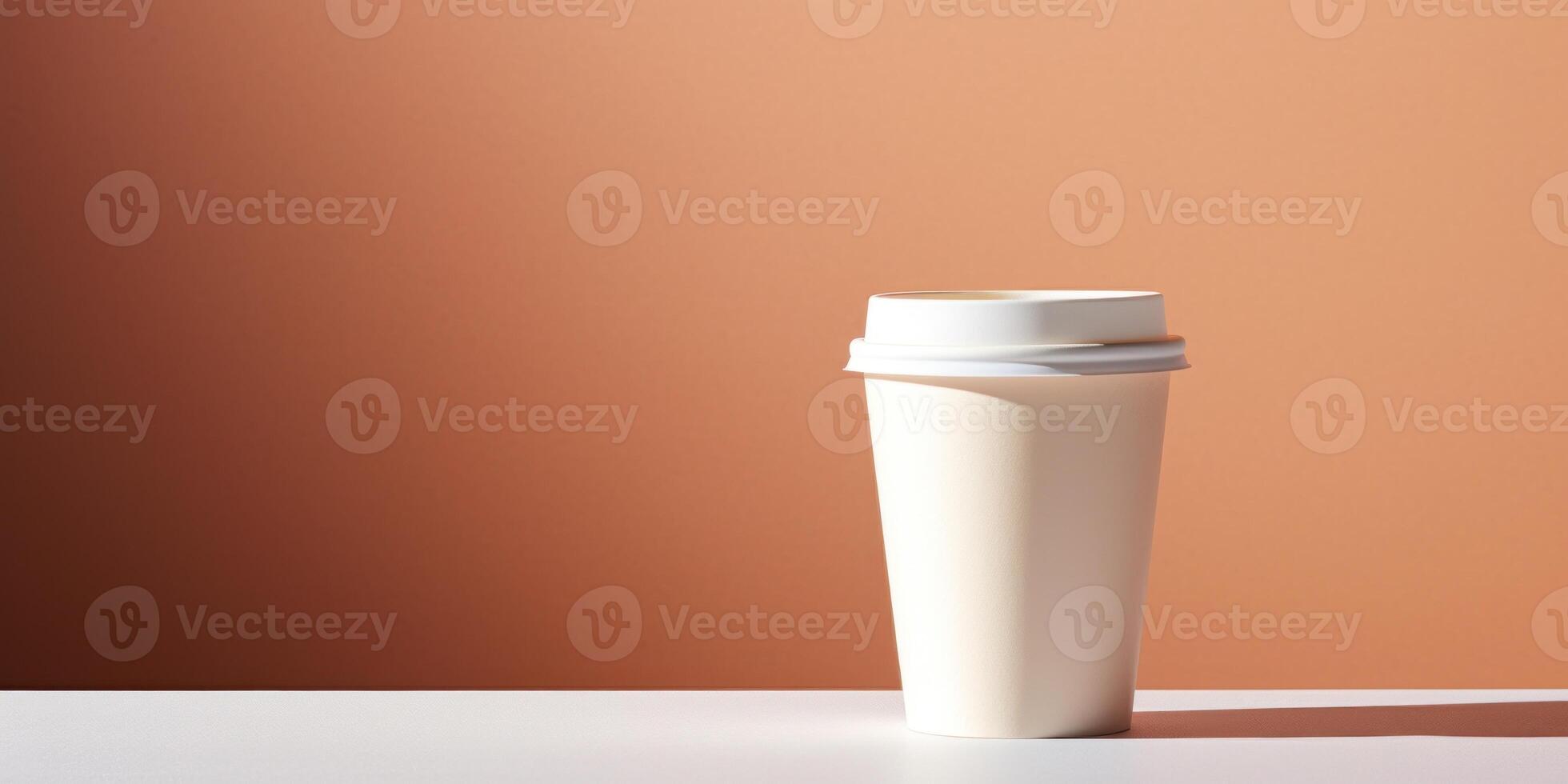Coffee Cup On Clean White Table and Neutral Pastel Background. Minimalist Disposable Coffee Cup To Go. photo