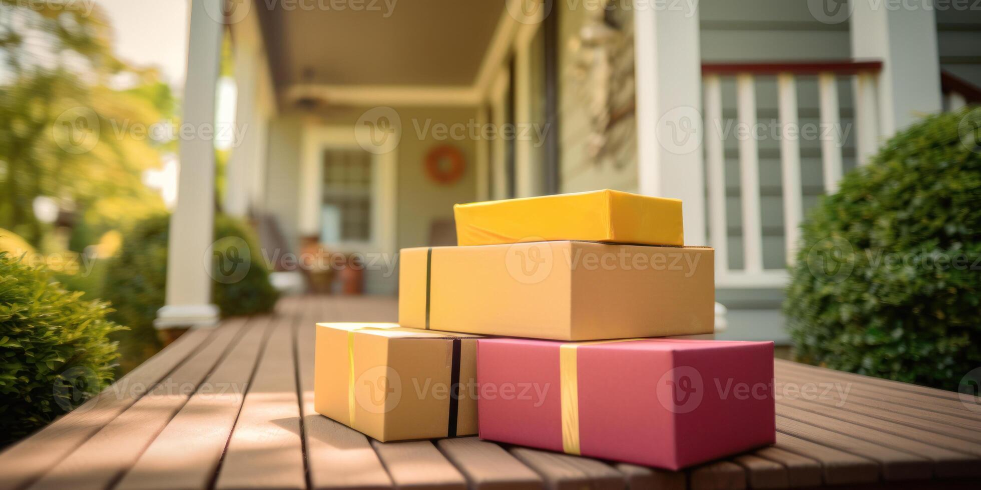 Secure Home Delivery With Parcels Stacked On House Porch, Suburban Background. Stack Of Online Shopping Packages. photo