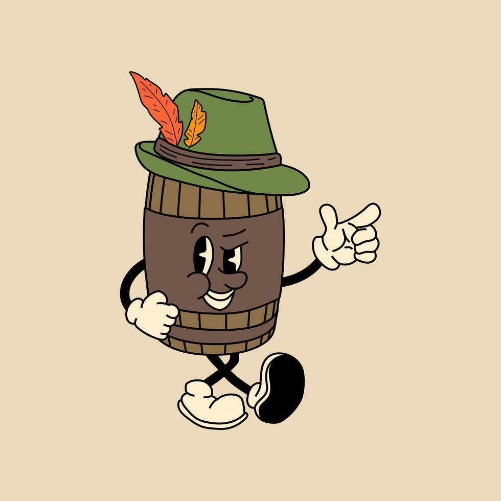 Retro Beer barrel mascot character. 40s, 50s, 60s old animation style. Oktoberfest mascot vector
