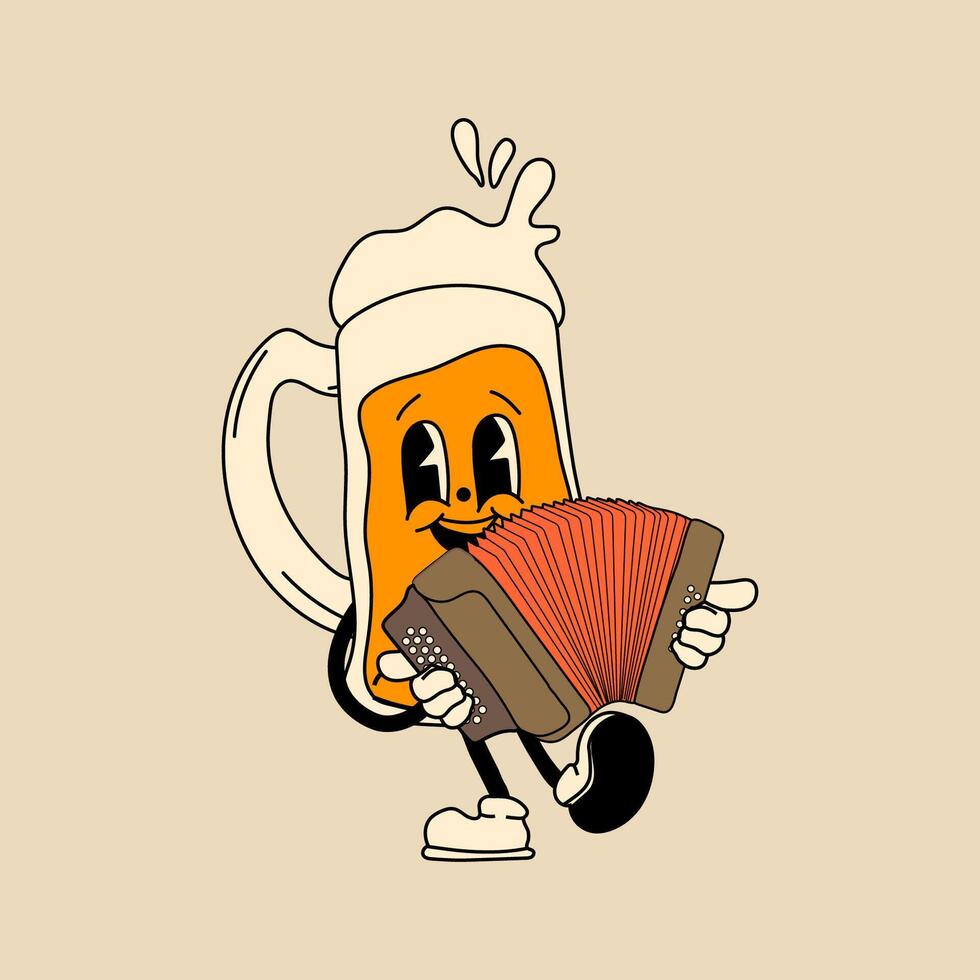 Retro Beer mug with accordion mascot character. 40s, 50s, 60s old animation style. Oktoberfest mascot vector