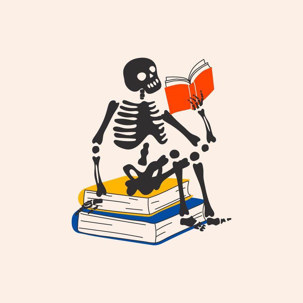 Back to school. Funny Skeleton ready for school with school stationery. Cute character Skeleton Bones vector