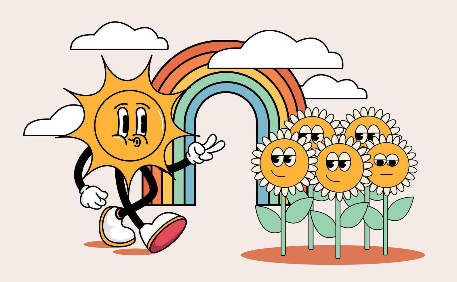 Groovy 70s hippie posters. Funny cartoon flower, rainbow, sun, daisies sunflowers. cards in trendy retro groovy cartoon style. backgrounds. Flower power. Stay cool. Waves of positivity. vector