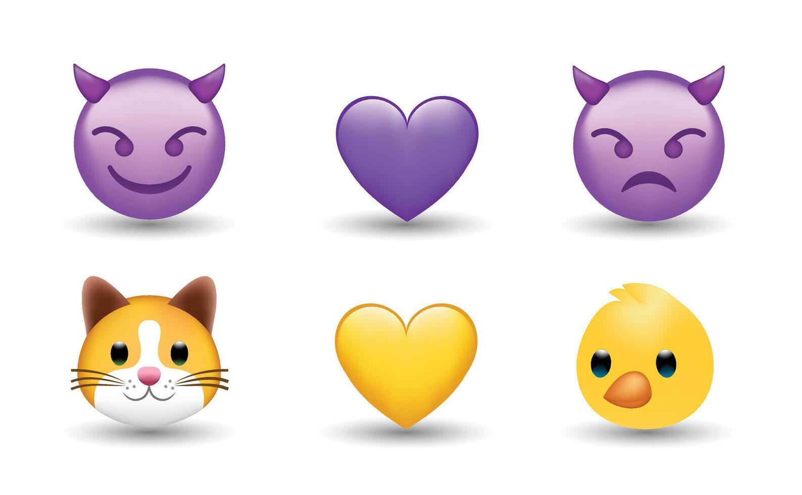 6 Emoticon isolated on White Background. Devil, violet and yellow heart, mouse, cat, chicken emoji Illustration. 3d Illustration set. vector