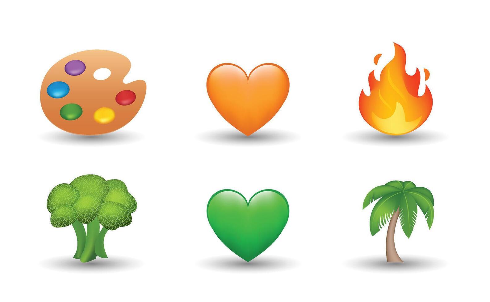 6 Emoticon isolated on White Background. Palette, orange and green heart, flame, broccoli, palm emoji Illustration. 3d Illustration set. vector