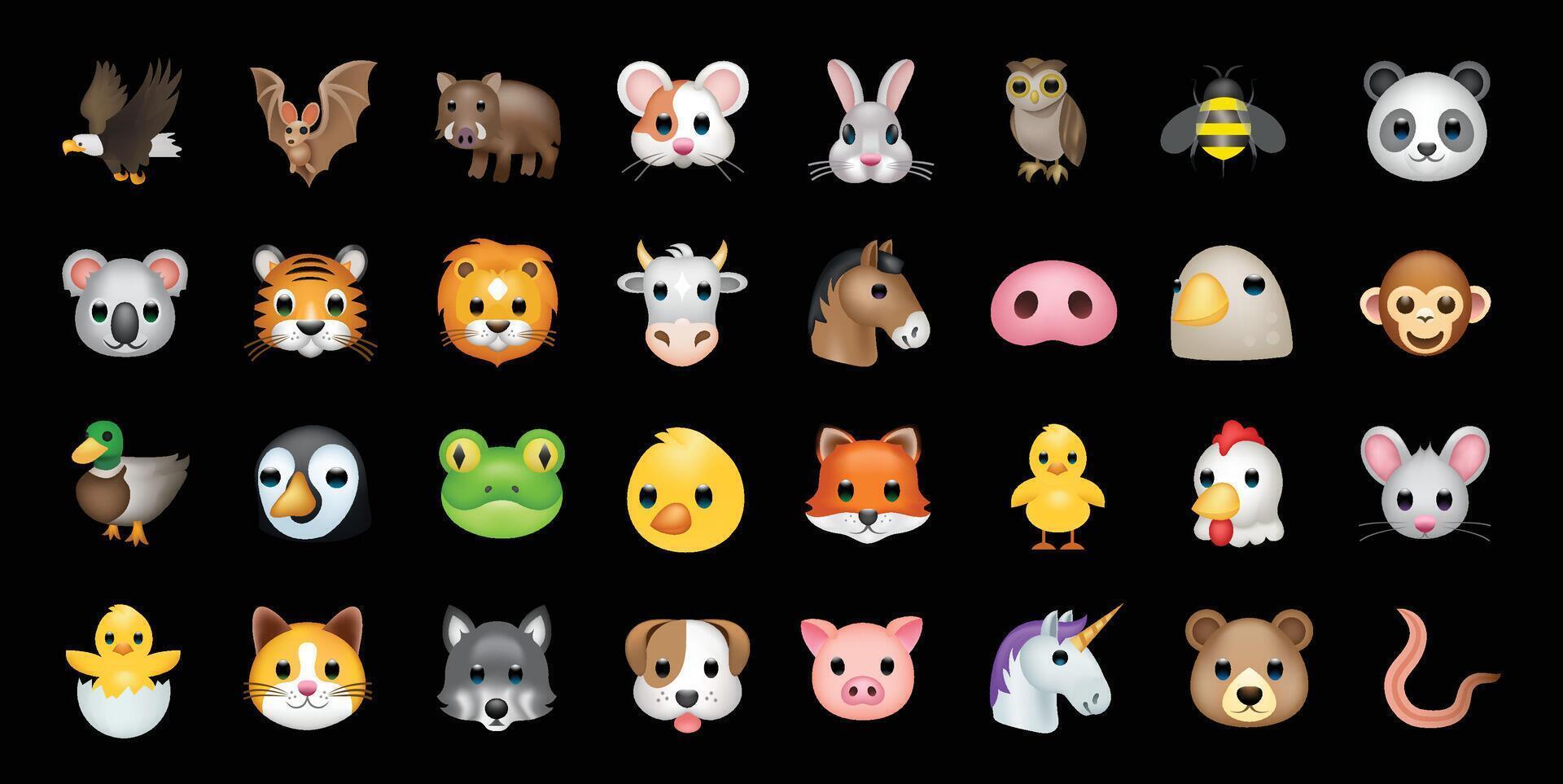 Set of animal faces, face emojis, stickers, emoticons. vector