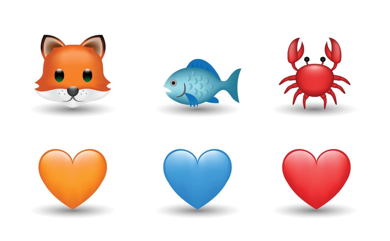 6 Emoticon isolated on White Background. Blue, red and orange heart, fox, blue fish, crab emoji Illustration. 3d Illustration set. vector