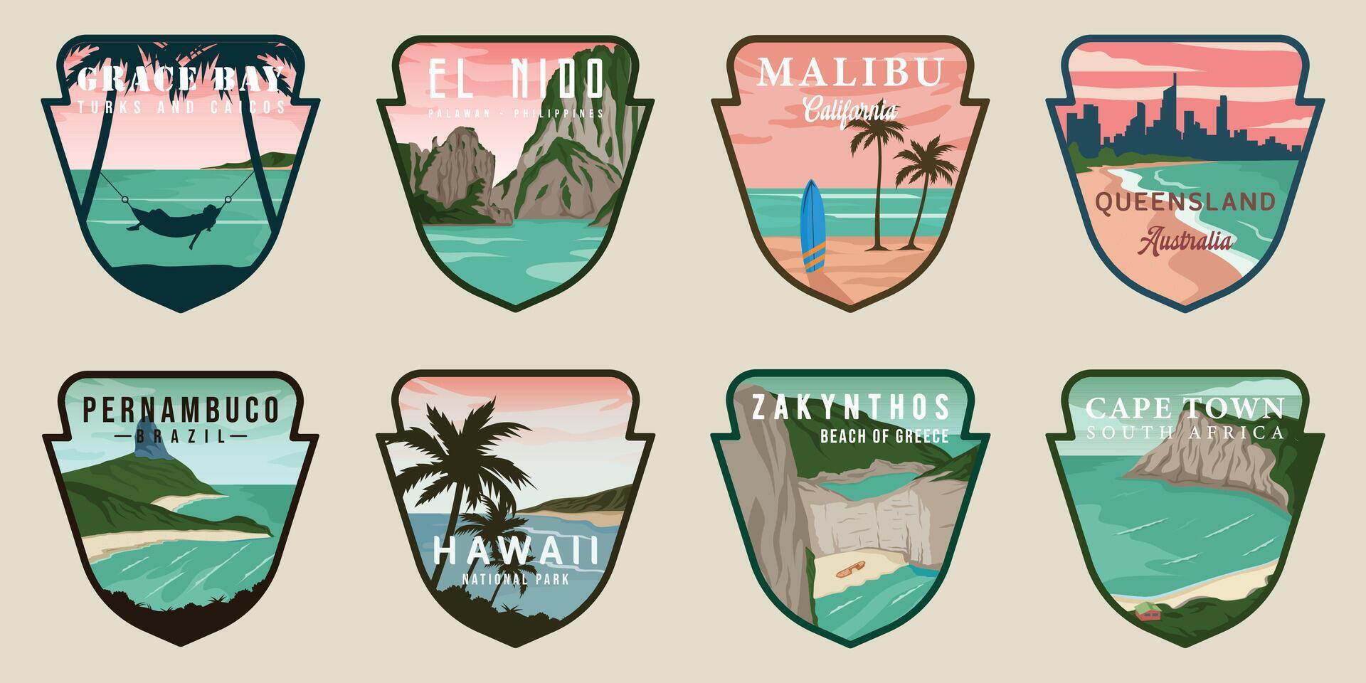 set of various island or beach emblem logo illustration template icon graphic design. bundle collection of travel banner and sign for business or vacation concept vector