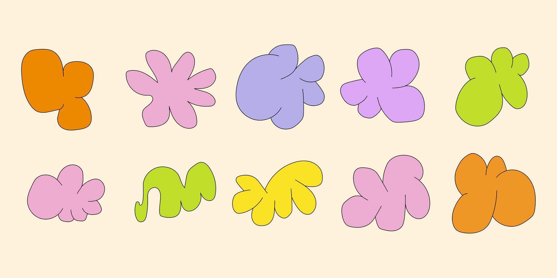 Abstract Retro Shapes and Funky Groovy Forms. Geometric Stickers with Different Elements Cloud, Flower, Star, Bubble, Spiral, Spring Coil, Wave in Cartoon 90s vector