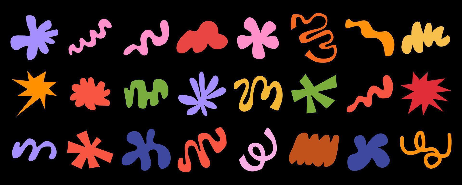 Flower and cloud shapes geometric abstract sticker pack in trendy retro 90s 00s cartoon style.. waves, loop, star, bubble, funky flower, Groovy. with wavy and spiral elements vector