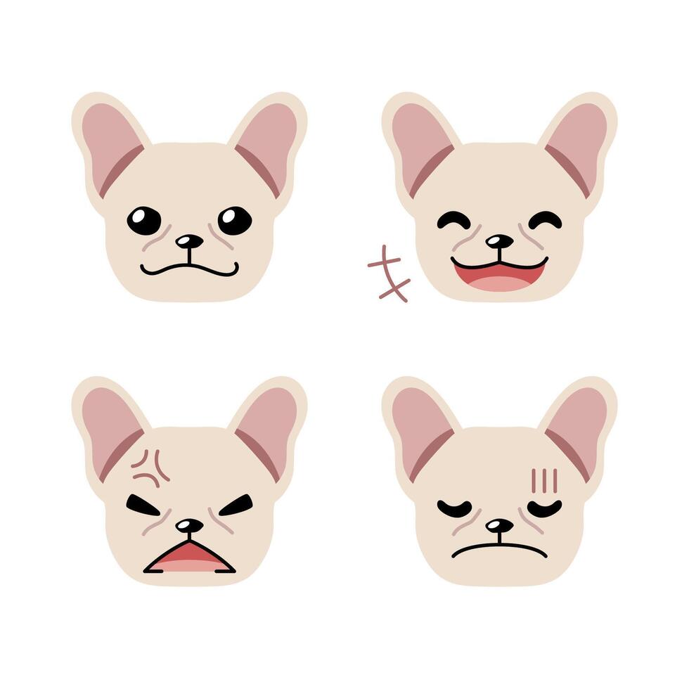 Set of cute character french bulldog faces showing different emotions vector