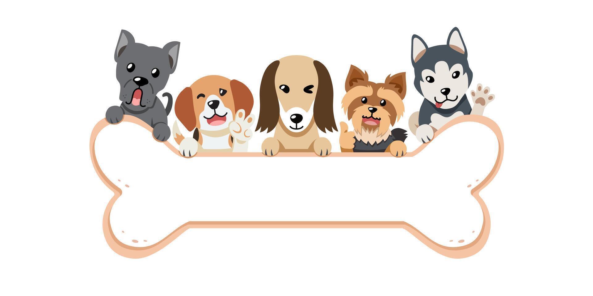Cartoon cute different breeds of dogs with bone sign vector