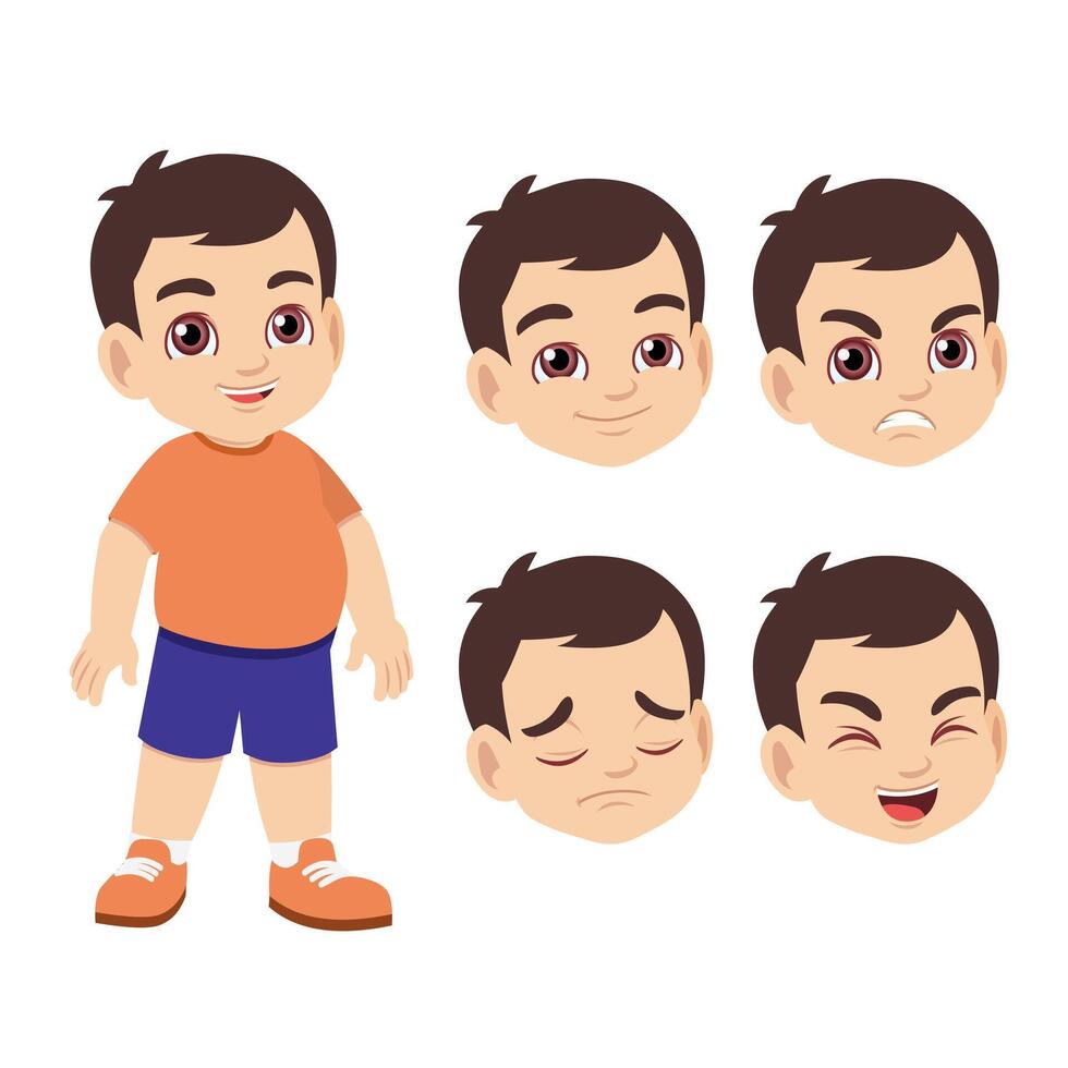 Cute little chubby kid wearing orange T-shirt and short pants standing pose with set of facial expression vector
