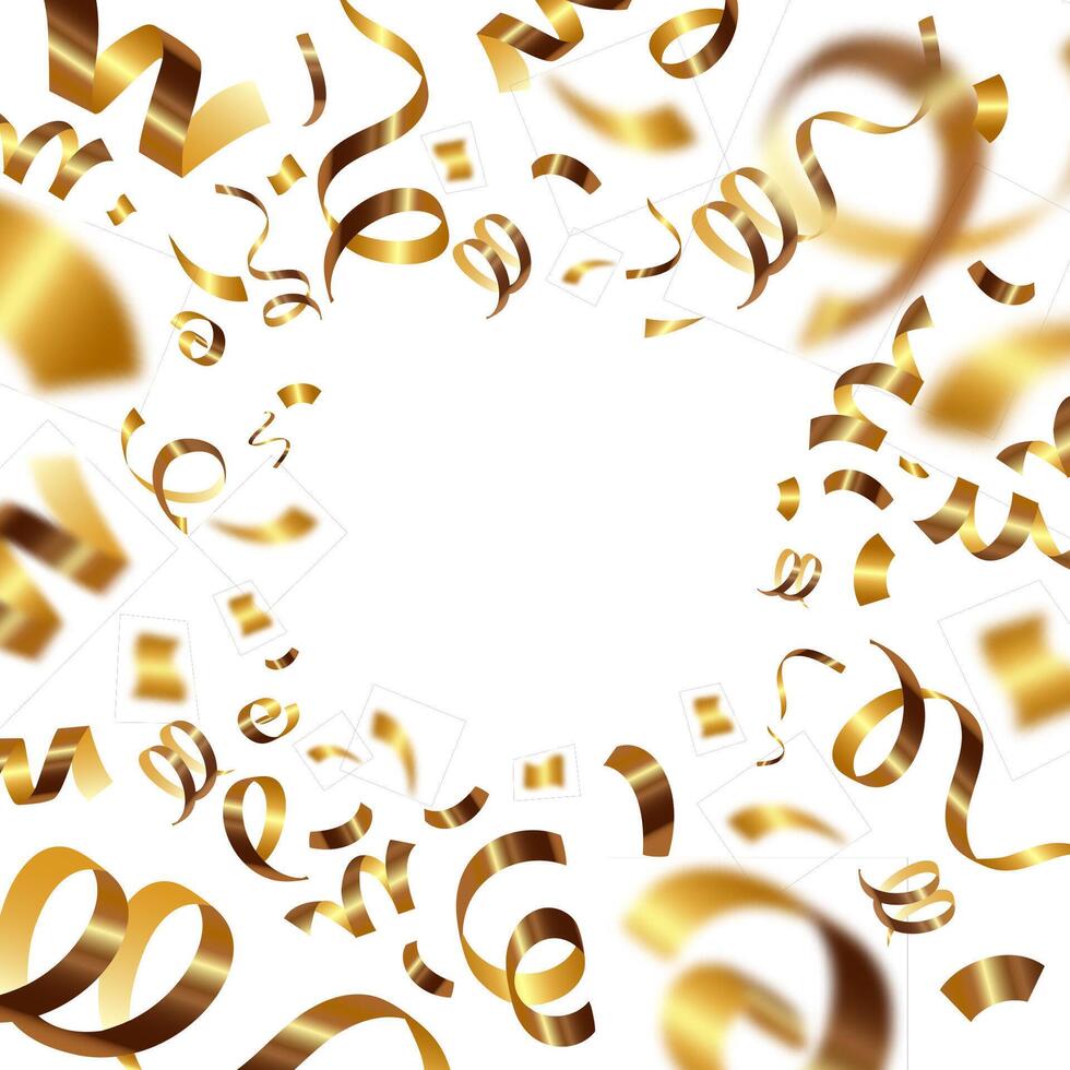 Realistic golden confetti and serpentine ribbons flying at the air on a white background with space for message.Golden confetti close-up and with blur.Holiday firecracker. Party decorations. vector
