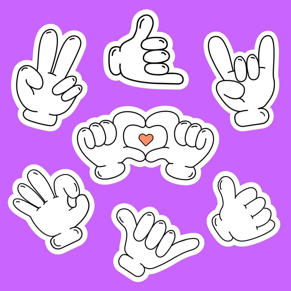 Retro Comic hands in gloves gesturing stickers set.Retro style hands show different signs. Doodle arm pointing finger show different signs,rock sign,heart,peace and victory,shaka sign,thumbs up. vector